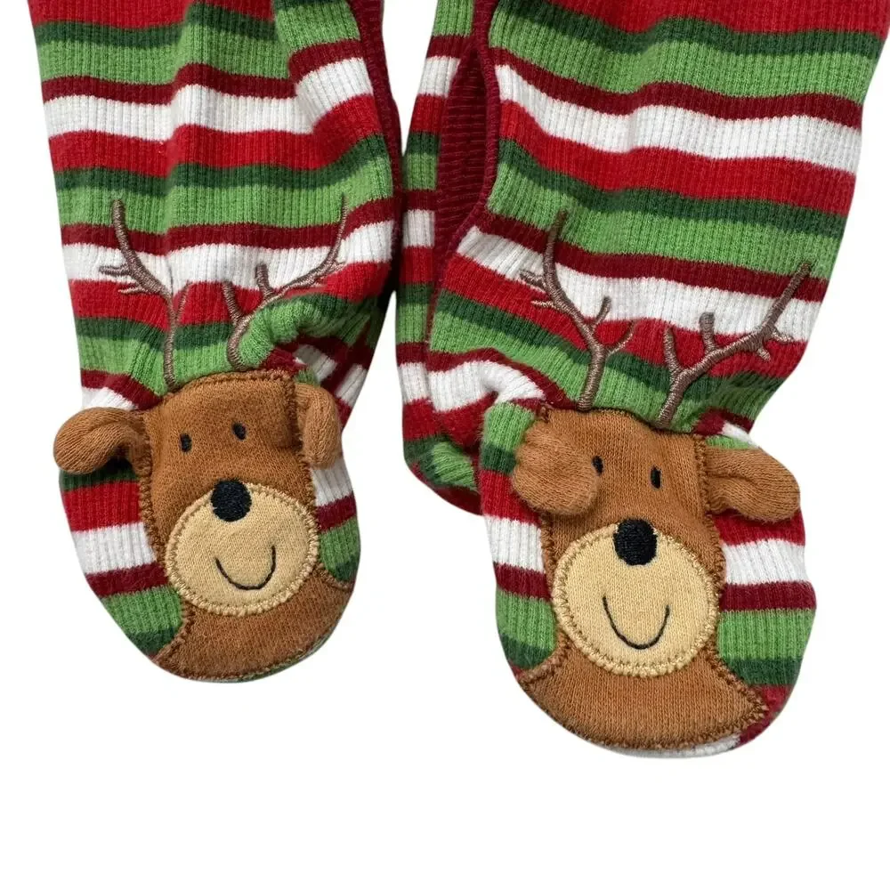 LE TOP Reindeer Stripe Ribbed Romper + Hat Size 6 Months Red Green White Cotton